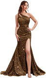 Kingbridal Gowns One Shoulder Sequin Prom Dresses with Slit 2026 Mermaid Formal Dress for Women Sparkly Ruched Evening Party Gowns