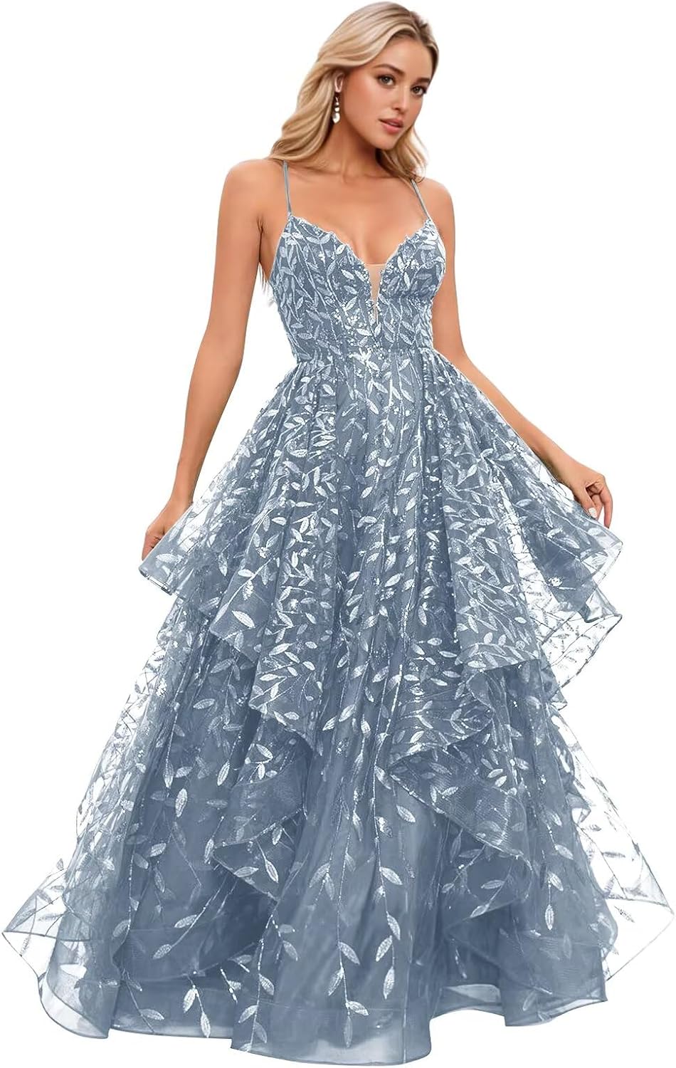 Spaghetti Strap Prom Dresses for Women V Neck Sparkly Sequin Tulle Tiered Ball Gown Long Formal Evening Dress