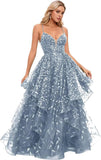 Spaghetti Strap Prom Dresses for Women V Neck Sparkly Sequin Tulle Tiered Ball Gown Long Formal Evening Dress
