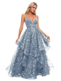 Spaghetti Strap Prom Dresses for Women V Neck Sparkly Sequin Tulle Tiered Ball Gown Long Formal Evening Dress