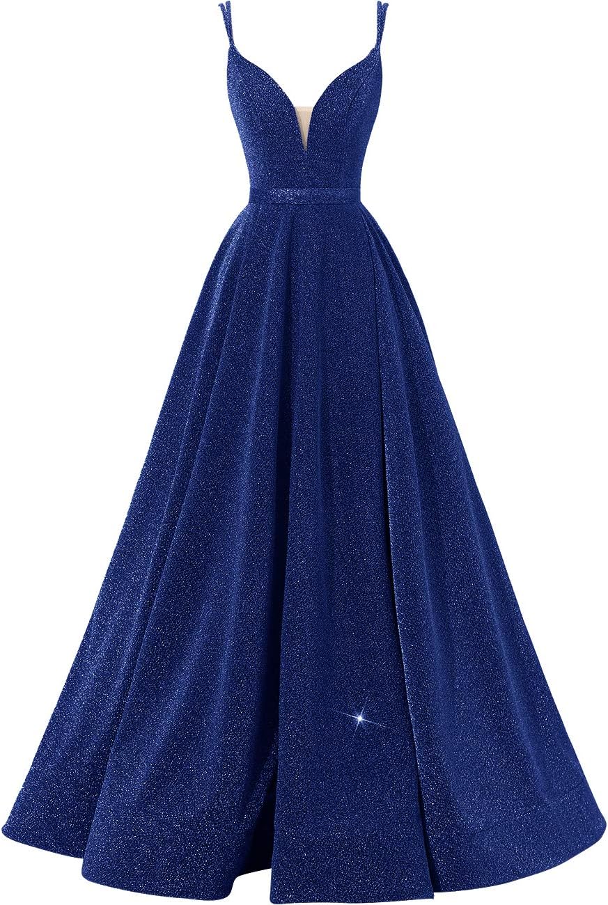 Women's Glittery Spaghetti V-Neck Prom Dresses Long Side Split Formal Evening Gowns