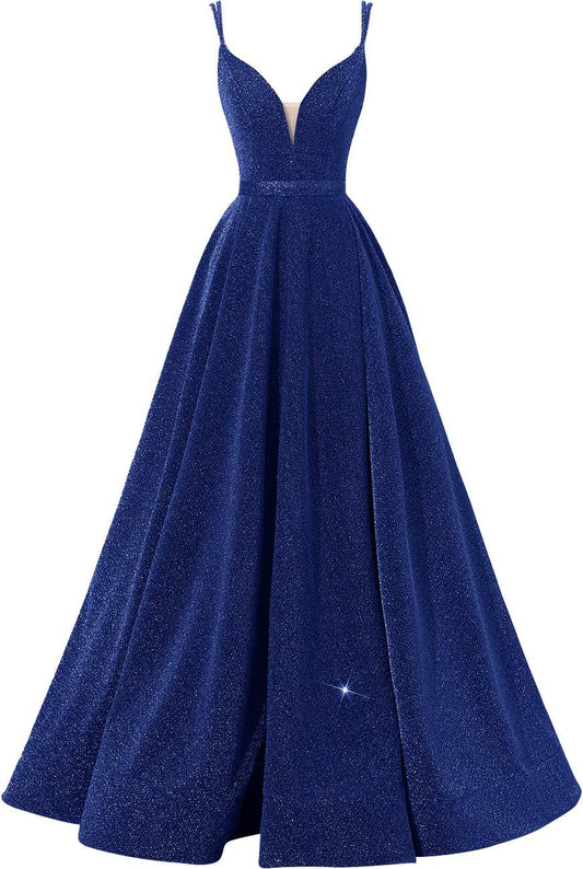 Women's Glittery Spaghetti V-Neck Prom Dresses Long Side Split Formal Evening Gowns