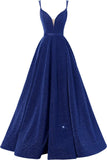 Women's Glittery Spaghetti V-Neck Prom Dresses Long Side Split Formal Evening Gowns