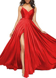 Satin Bridesmaid Dresses for Women Spaghetti Straps Wedding Guest Dress Long V Neck Formal Gown with Slit