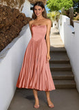 Women's Strapless Bridesmaid Dresses for Womens Tea Length Ruffle Satin Formal Prom Dress