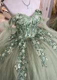 Ball Gown Tulle Off The Shoulder Sage Green Quinceanera Dress