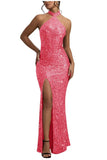 Sequin Mermaid Prom Dresses for Women Long Sparkly Halter-Neck Tight Backless Formal Evening Party Gowns with Slit