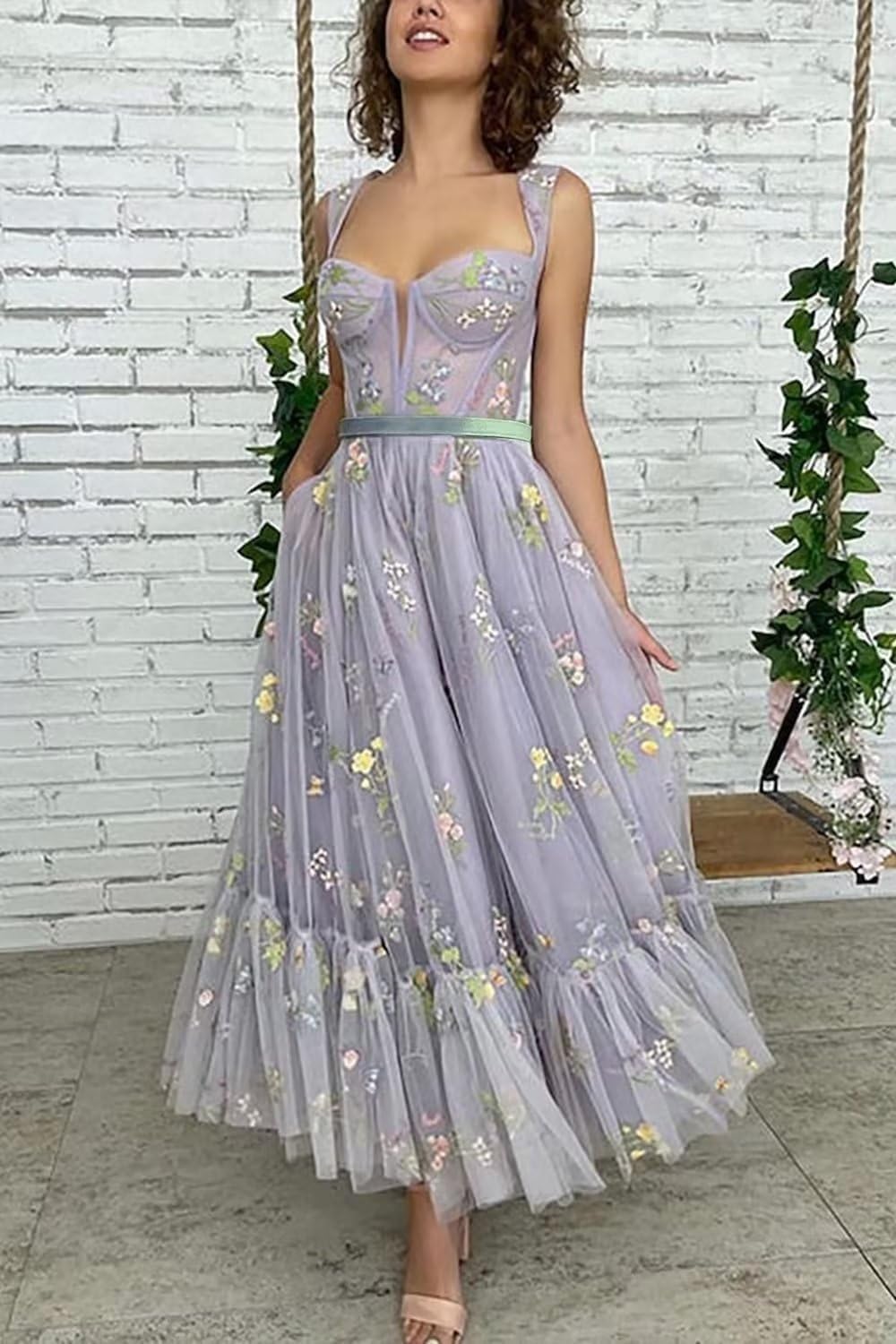 Vestidos de tul con bordado floral para mujer 2024, vestidos formales de fiesta de noche 