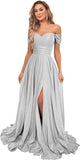 Women's Glittery Prom Dresses Long Ball Gown Off Shoulder High Slit Formal Evening Gowns with Pockets