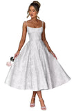Jacquard Floral Satin Prom Dresses for Women 2026 Spaghetti Straps A-Line Midi Formal Evening Party Gown with Pockets