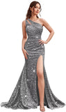 Kingbridal Gowns One Shoulder Sequin Prom Dresses with Slit 2026 Mermaid Formal Dress for Women Sparkly Ruched Evening Party Gowns