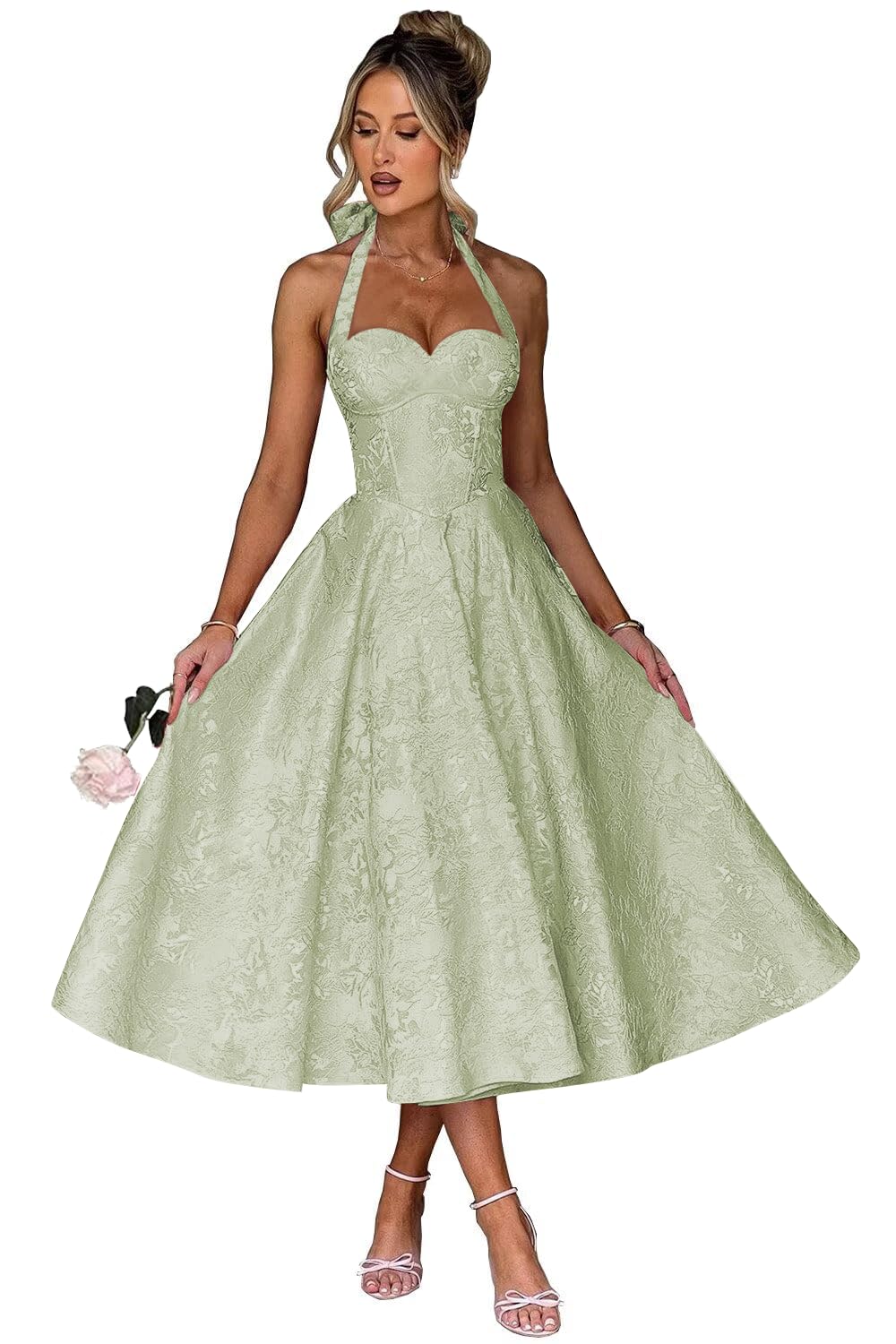 Jacquard Satin Prom Dresses for Women Vintage A-Line Midi Halter Sweetheart Formal Evening Party Gowns with Pockets