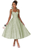 Jacquard Satin Prom Dresses for Women Vintage A-Line Midi Halter Sweetheart Formal Evening Party Gowns with Pockets