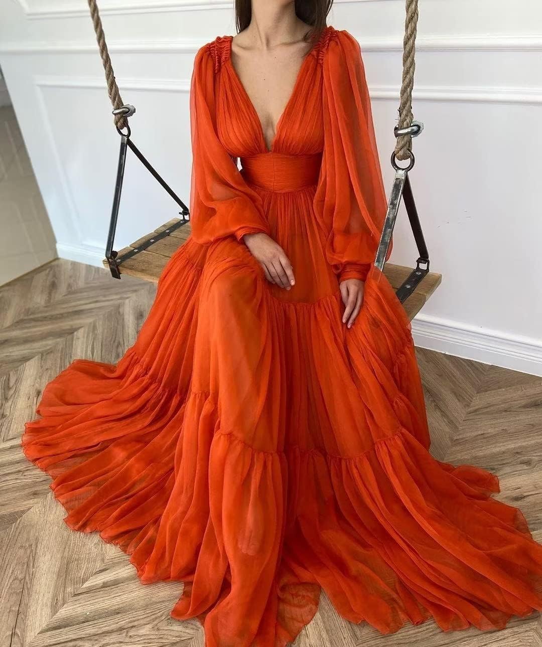 Langes Ballkleid mit Puffärmeln, Tüll, Ballkleid für Damen, Brautkleider, V-Ausschnitt, formelle Abendkleider