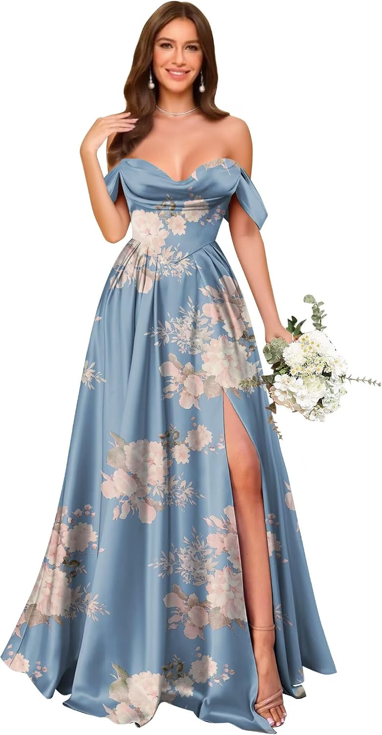 Off Shoulder Satin Bridesmaid Dresses Long Pleated Formal Dresses A Line Evening Gowns with Slit