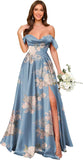 Off Shoulder Satin Bridesmaid Dresses Long Pleated Formal Dresses A Line Evening Gowns with Slit