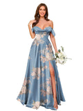 Off Shoulder Satin Bridesmaid Dresses Long Pleated Formal Dresses A Line Evening Gowns with Slit