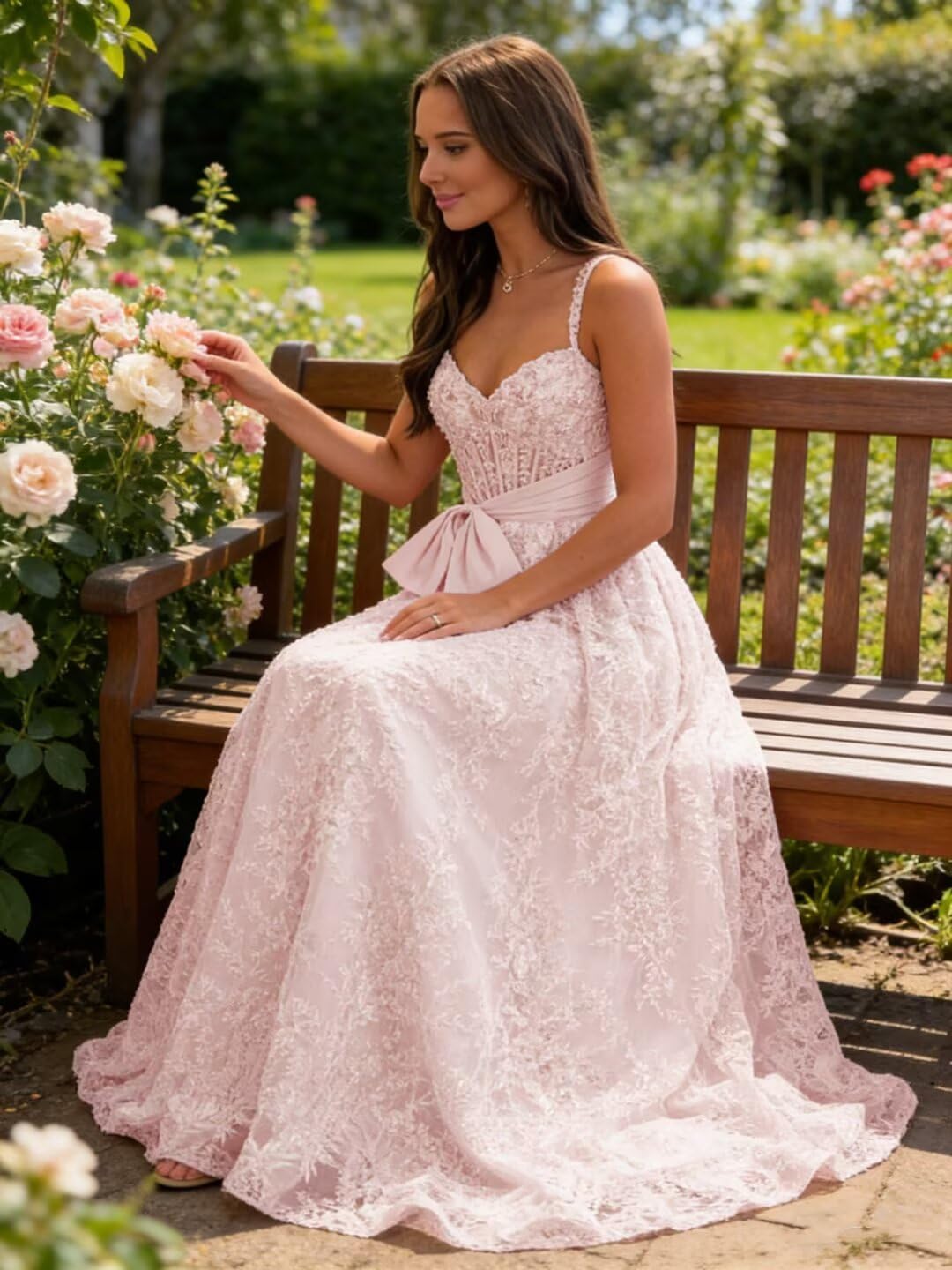 Lace Tulle Prom Dresses with Bow Appliques Corset A Line Long Formal Dress