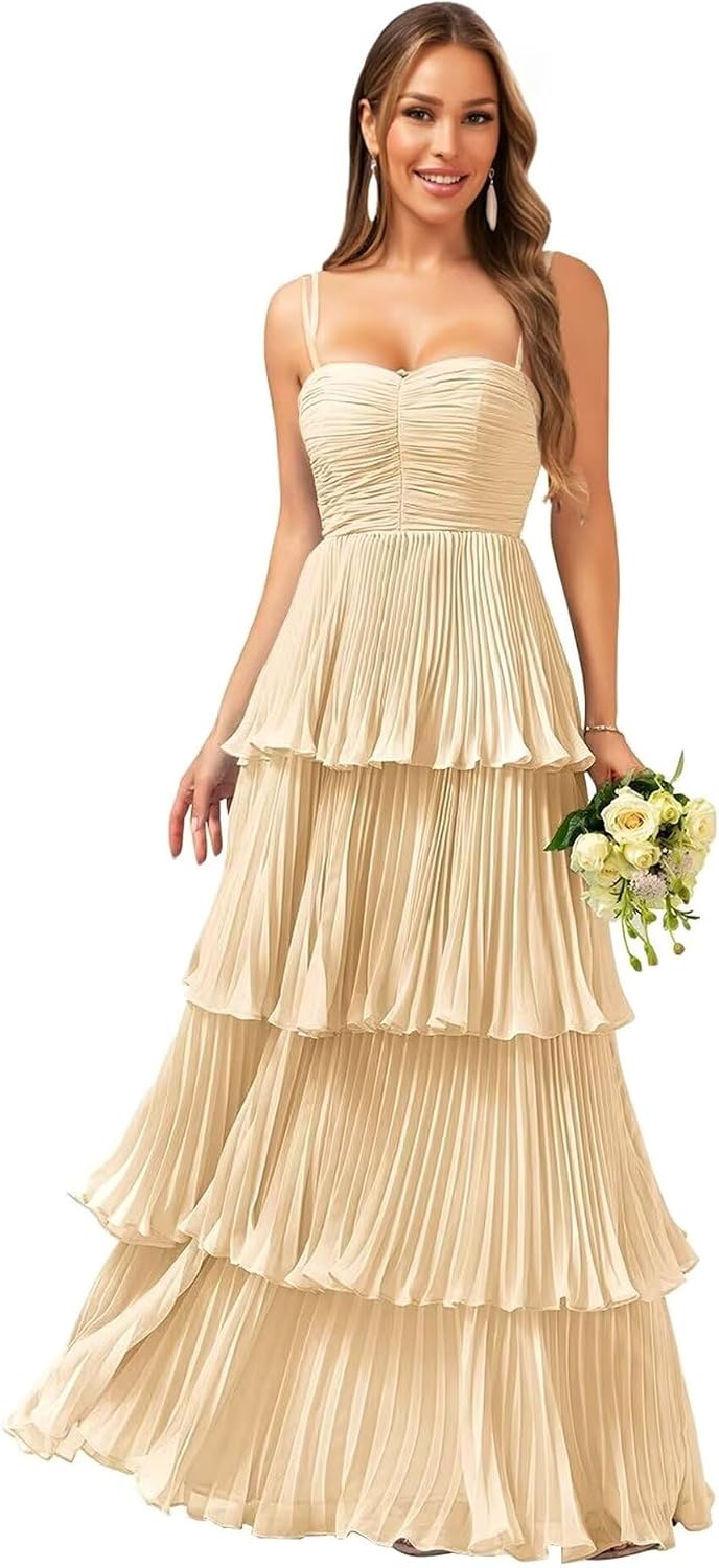Tiered Ruffle Bridesmaid Dresses for Women Spaghetti Straps Long Chiffon Formal Evening Prom Gowns