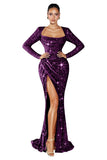 Mermaid Sequin Prom Dresses for Women 2026 Long Sleeve Ruched Formal Dress with Slit Sparkly Evening Party Gowns
