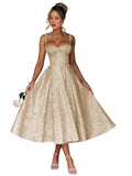 Satin Jacquard Prom Dress with Bow Tea Length Floral Midi Formal Evening Party Gown Tea-Length for Women Engagement Gown