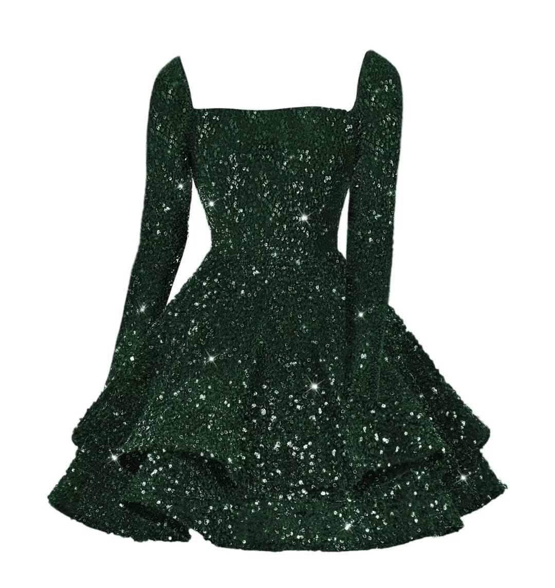 Sequin Short Homecoming Dress for Teen Sparkly Long Sleeve Prom Sweet 16 Dresses Cocktail Gowns