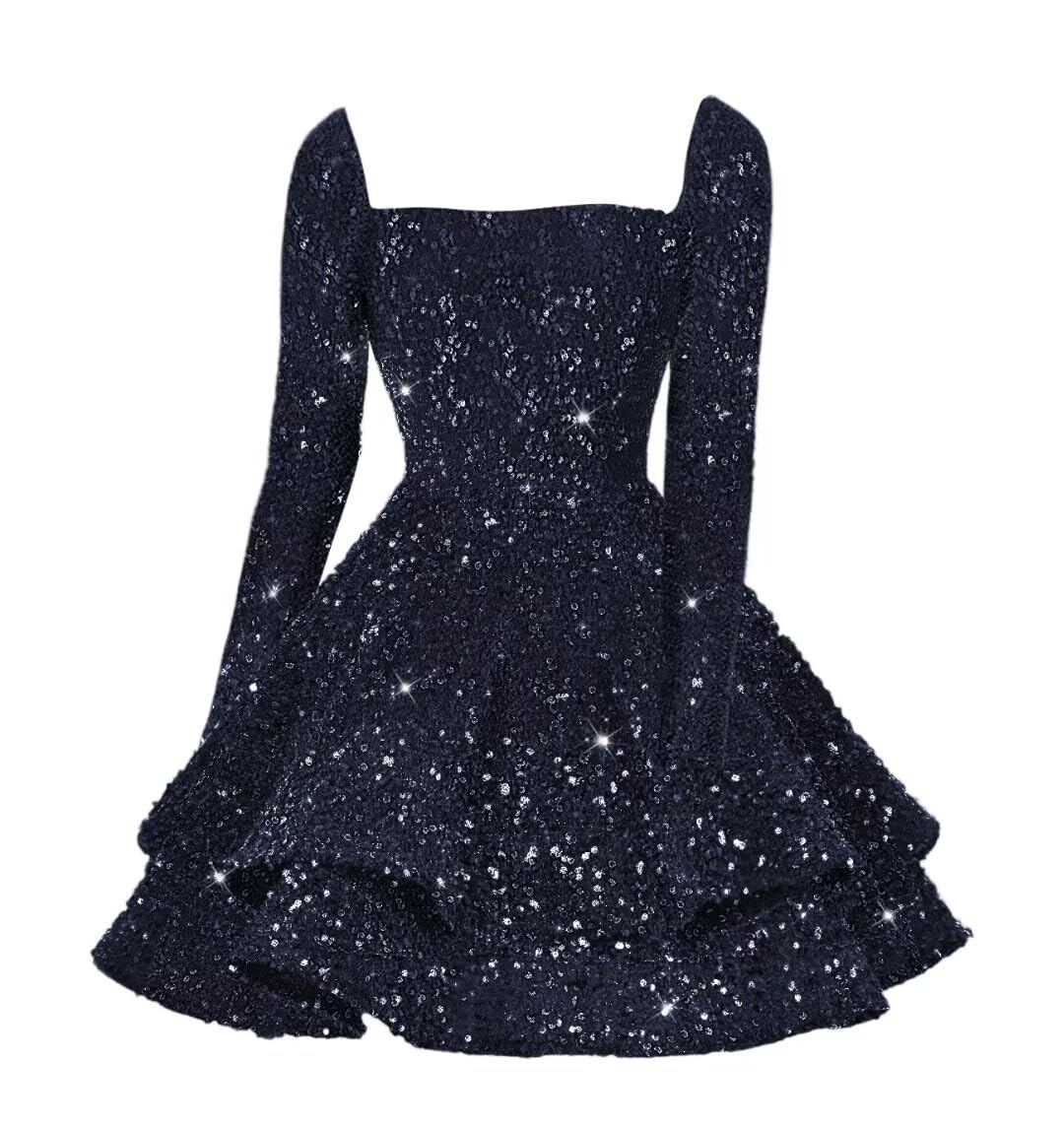Sequin Short Homecoming Dress for Teen Sparkly Long Sleeve Prom Sweet 16 Dresses Cocktail Gowns