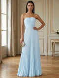 Ruched Strapless Prom Dresses for Women Long A Line Cocktail Dress Pleated Chiffon Formal Wedding Guest Dress