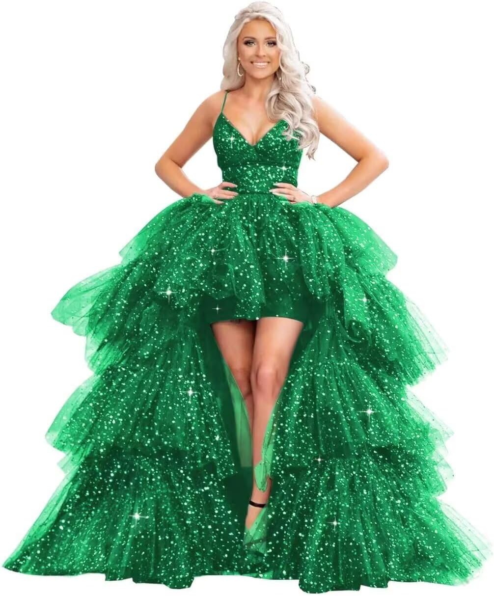 Puffy Sequins Tulle High-Low Prom Dresses for Women 2027, Glitter V Neck Formal Ball Gown Wedding Party Dress
