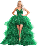 Puffy Sequins Tulle High-Low Prom Dresses for Women 2027, Glitter V Neck Formal Ball Gown Wedding Party Dress