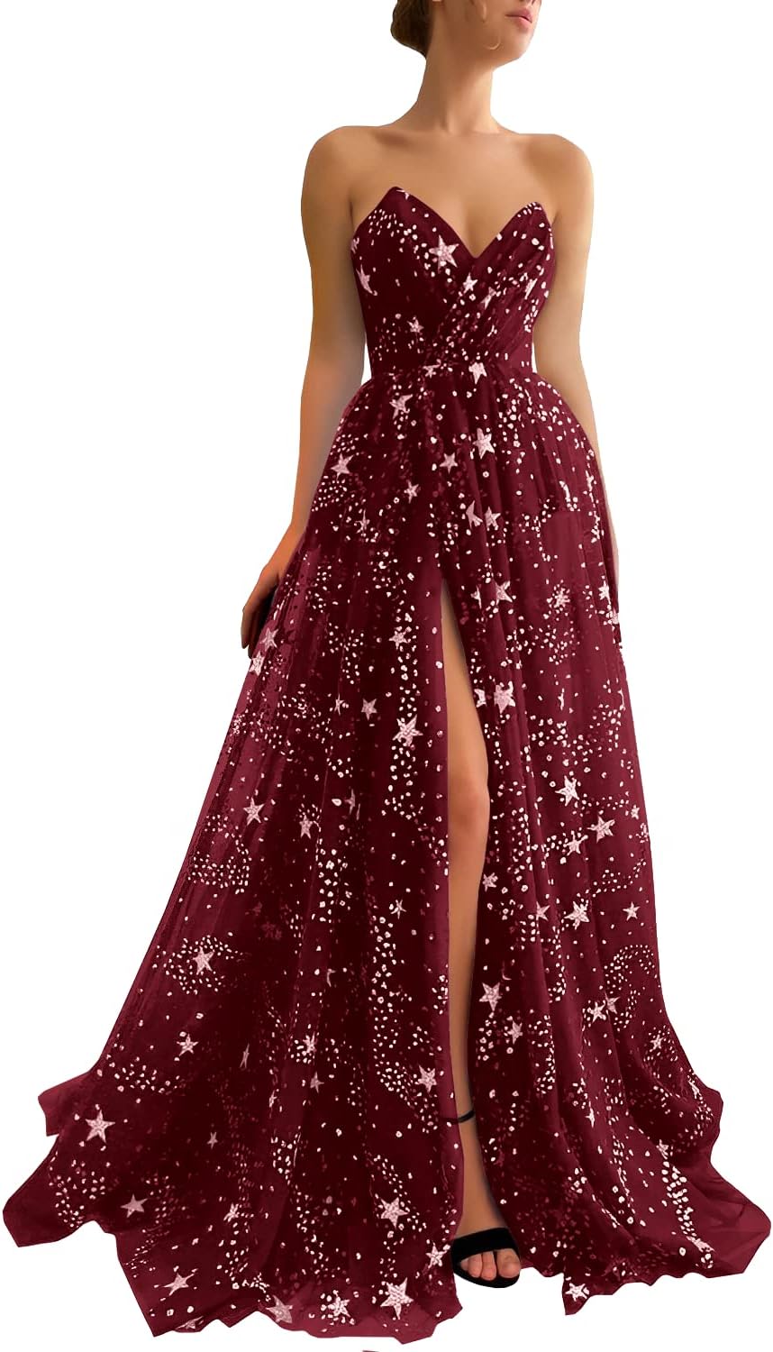 Women's Sparkle Starry Tulle Prom Dresses Strapless Long Formal Evening Party Gowns with Slit