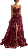 Women's Sparkle Starry Tulle Prom Dresses Strapless Long Formal Evening Party Gowns with Slit