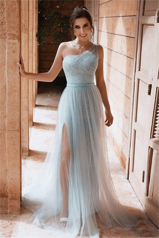 One-Shoulder-Ballkleid mit Pailletten, formelle Kleider für Damen, funkelnde Abendkleider, Tüll-Ballkleid 