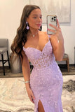 Women's Lace Mermaid Prom Dresses Long with Slit Mermaid Spaghetti Straps Backless Formal Evening Gowns