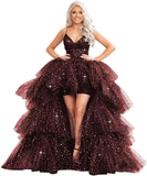 Puffy Sequins Tulle High-Low Prom Dresses for Women 2027, Glitter V Neck Formal Ball Gown Wedding Party Dress