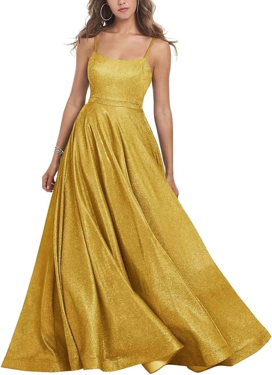 Women's Glitter Prom Dresses Long Ball Gown Spaghetti Straps Neck Formal Evening Party Dress for Teens