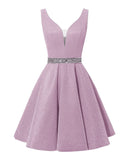 Satin Glitter Homecoming Dresses for Teens Short Prom Dress V-Neck Beaded Evening Formal Cocktail Party Gowns