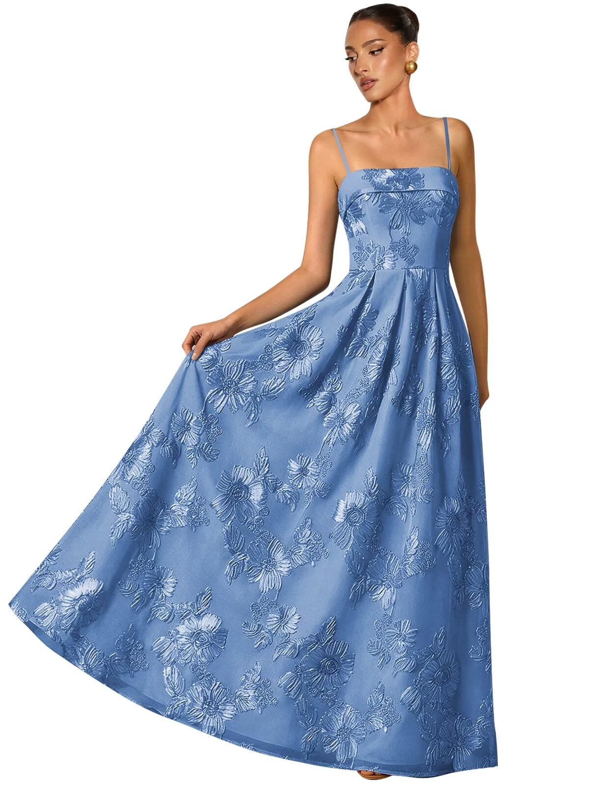 Women's Spaghetti Straps Floral Prom Dresses A Line Strapless Ball Dresses Long Embroidery Formal Evening Dresses
