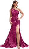 Kingbridal Gowns One Shoulder Sequin Prom Dresses with Slit 2026 Mermaid Formal Dress for Women Sparkly Ruched Evening Party Gowns