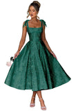 Women's Midi Bridesmaid Dresses Jacquard Satin with Bow Spaghetti Straps Square Neck Formal Wedding Guest Dress