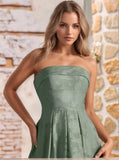 Jacquard Floral Prom Dresses Strapless Maxi Evening Gowns A-Line Ruched Formal Party Dress Elegant
