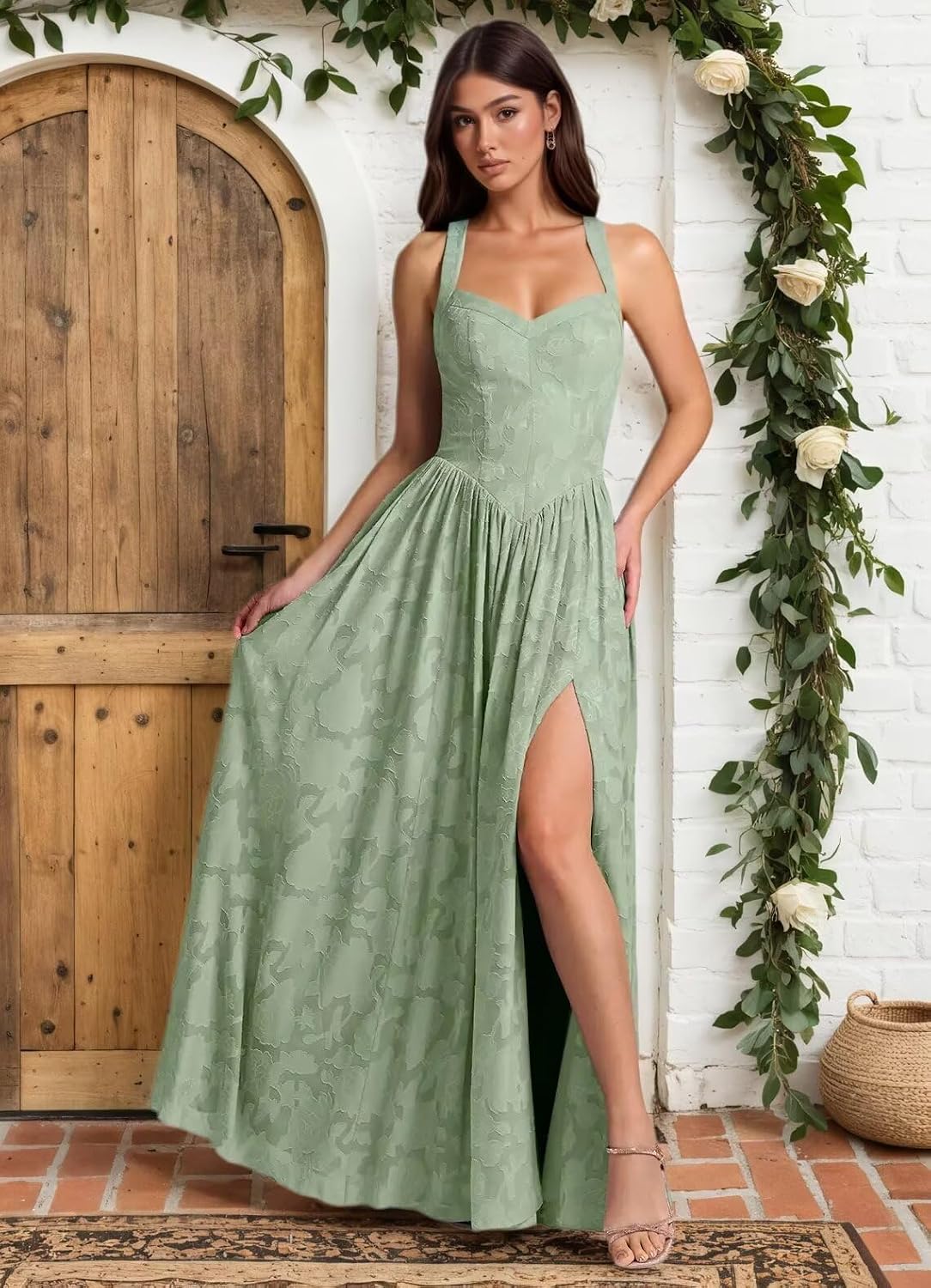 Jacquard Floral Lace Wedding Guest Dress Long Slit A Line Bridesmaid Dresses with Pockets Formal Gown