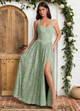 Jacquard Floral Lace Wedding Guest Dress Long Slit A Line Bridesmaid Dresses with Pockets Formal Gown