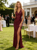 Women's Sequin Halter Prom Dresses with Split Long Mermaid Ruched Formal Evening Gowns 2026