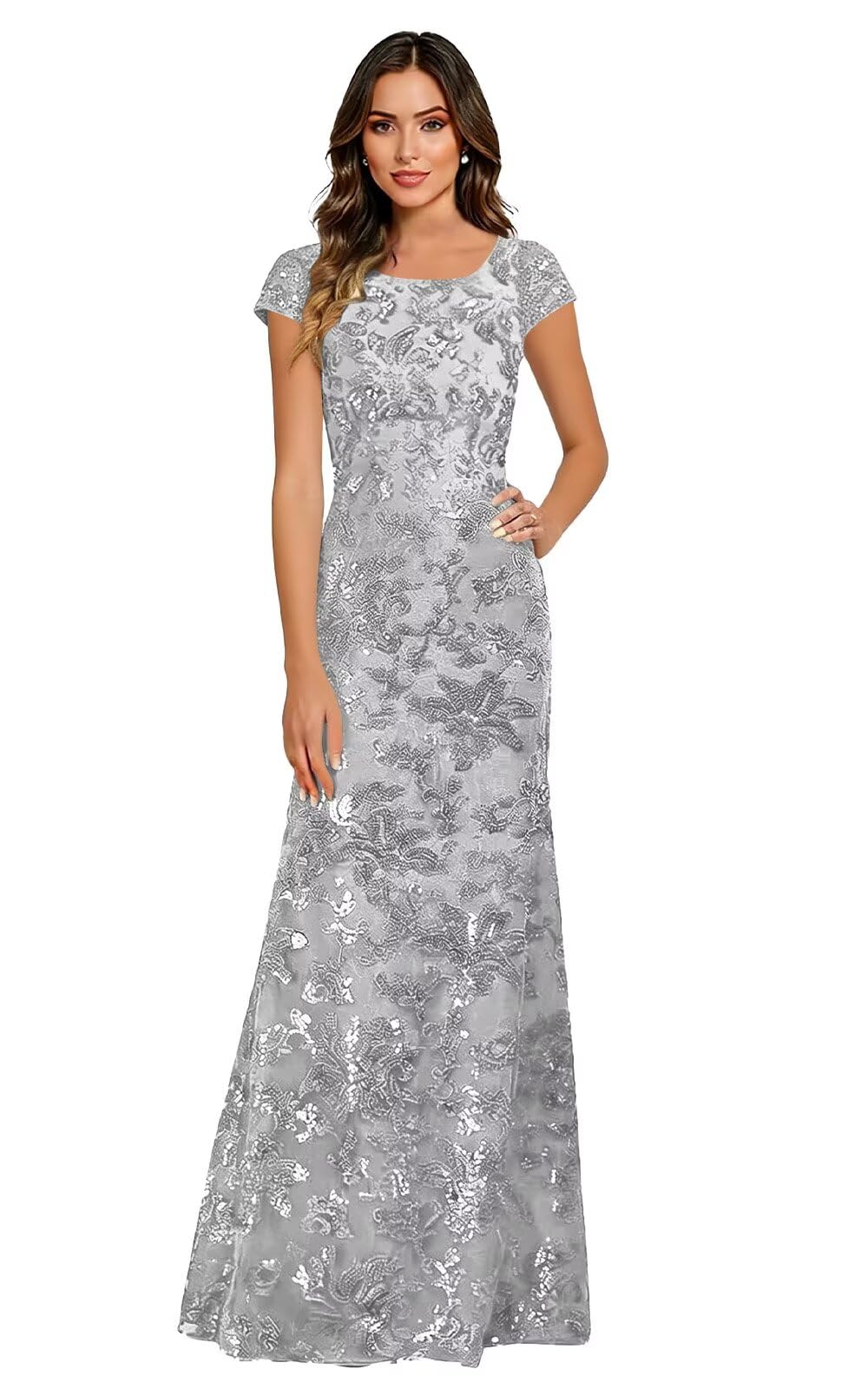 Lace Appliques Scoop Neck Sequin Mother of the Bride Dresses Mermaid Short Sleeve Formal Evening Gowns