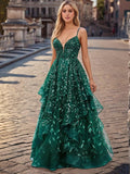 Spaghetti Strap Prom Dresses for Women V Neck Sparkly Sequin Tulle Tiered Ball Gown Long Formal Evening Dress