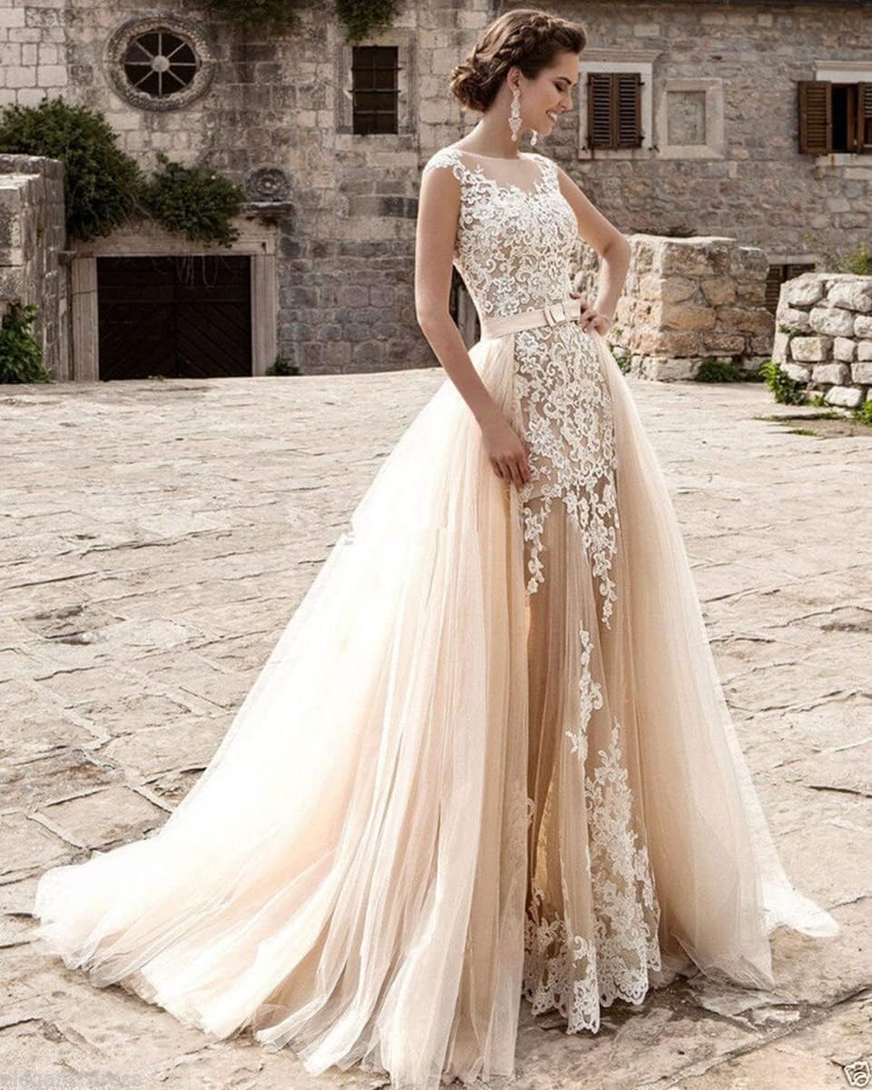 Mermaid Lace Cap Wedding Dress with Detachable Tulle Train for Bride Evening Prom Gown