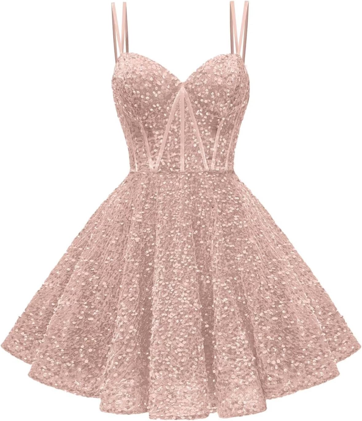 Kingbridal Gowns Sparkly Sequin Homecoming Dresses for Teens 2027 Flowy Spaghetti Straps A-Line Short Formal Prom Dress with Pockets