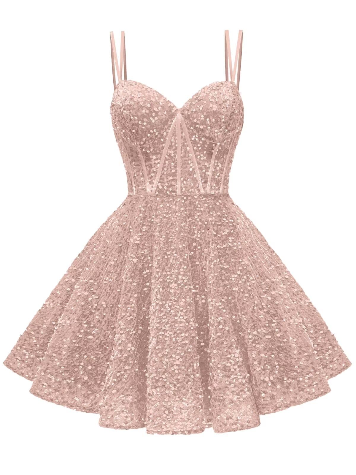 Kingbridal Gowns Sparkly Sequin Homecoming Dresses for Teens 2027 Flowy Spaghetti Straps A-Line Short Formal Prom Dress with Pockets