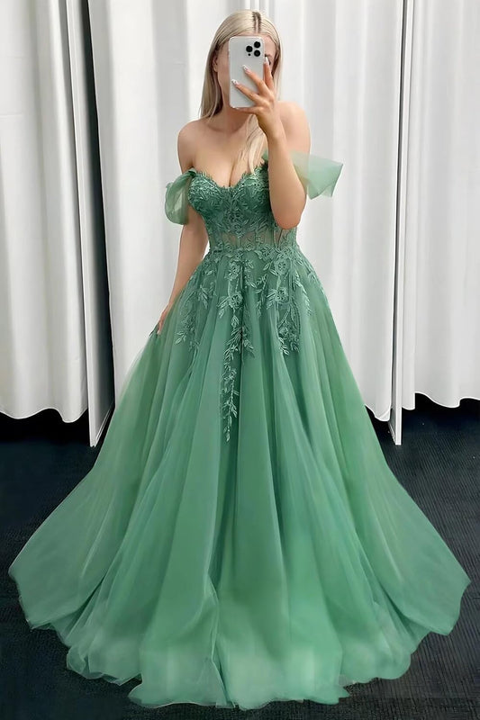 Tulle Lace Appliques Prom Dresses for Women 2027 Long Off Shoulder A-Line Formal Evening Party Ball Gowns